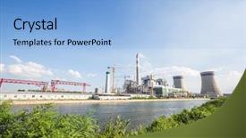  Presentation with power plant - Theme featuring thermal pollution - modern power plant near river background and a light blue colored foreground