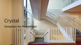  Presentation with public - Colorful presentation design enhanced with modern public school staircase backdrop and a coral colored foreground