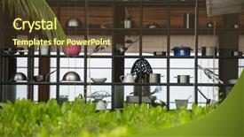  Presentation with restaurant kitchen - Audience pleasing theme consisting of modern restaurant outdoor kitchen cookware backdrop and a tawny brown colored foreground