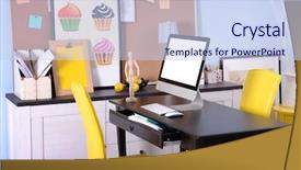  Presentation with furniture design - Beautiful PPT theme featuring modern room design furniture set with table and chairs backdrop and a sky blue colored foreground