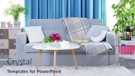  Presentation with modern flowers - Beautiful PPT theme featuring modern room interior with sofa and flowers backdrop and a light blue colored foreground
