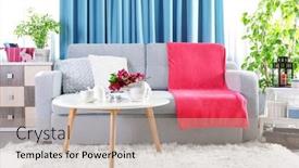  Presentation with modern flowers - Colorful presentation theme enhanced with modern room interior with sofa and flowers backdrop and a mint green colored foreground