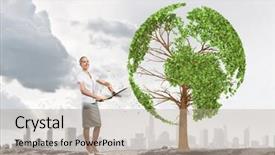  Presentation with planet earth on white - Amazing PPT theme having modern science - young businesswoman cutting tree backdrop and a  colored foreground