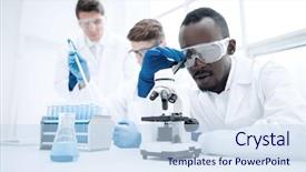  Presentation with microscope - Beautiful PPT theme featuring modern scientist looking backdrop and a sky blue colored foreground