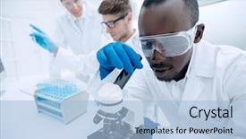  Presentation with microscope - Slide deck with modern scientist uses a microscope background and a light blue colored foreground