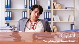  Presentation with office ergonomics man worker exercising - Presentation design featuring modern slavery - crazy young man in straitjacket background and a coral colored foreground