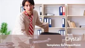  Presentation with office ergonomics man worker exercising - Slide set enhanced with modern slavery - crazy young man in straitjacket background and a  colored foreground