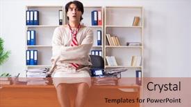  Presentation with office ergonomics man worker exercising - PPT theme having modern slavery - crazy young man in straitjacket background and a red colored foreground