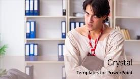  Presentation with slavery - Audience pleasing presentation theme consisting of modern slavery - crazy young man in straitjacket backdrop and a soft green colored foreground