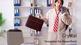  Presentation with office ergonomics man worker exercising - Cool new presentation design with modern slavery - crazy young man in straitjacket backdrop and a light gray colored foreground