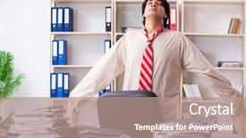  Presentation with office ergonomics man worker exercising - Presentation theme consisting of modern slavery - crazy young man in straitjacket background and a coral colored foreground