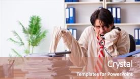  Presentation with office ergonomics man worker exercising - Presentation theme having modern slavery - crazy young man in straitjacket background and a coral colored foreground