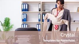  Presentation with office ergonomics man worker exercising - Audience pleasing presentation design consisting of modern slavery - crazy young man in straitjacket backdrop and a coral colored foreground
