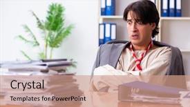  Presentation with office ergonomics man worker exercising - Theme having modern slavery - crazy young man in straitjacket background and a coral colored foreground