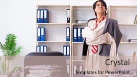  Presentation with office ergonomics man worker exercising - Beautiful presentation theme featuring modern slavery - crazy young man in straitjacket backdrop and a soft green colored foreground