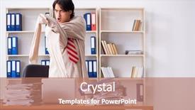  Presentation with office ergonomics man worker exercising - Presentation theme consisting of modern slavery - crazy young man in straitjacket background and a  colored foreground