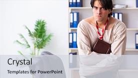  Presentation with office ergonomics man worker exercising - PPT layouts featuring modern slavery - crazy young man in straitjacket background and a  colored foreground