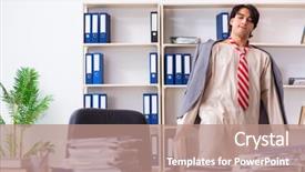  Presentation with office ergonomics man worker exercising - Theme enhanced with modern slavery - crazy young man in straitjacket background and a coral colored foreground