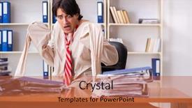  Presentation with office ergonomics man worker exercising - Presentation design featuring modern slavery - crazy young man in straitjacket background and a  colored foreground