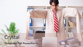  Presentation with office ergonomics man worker exercising - Theme having modern slavery - crazy young man in straitjacket background and a coral colored foreground