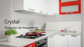  Presentation with kitchen design - PPT layouts having white kitchen in apartment premium background and a light gray colored foreground