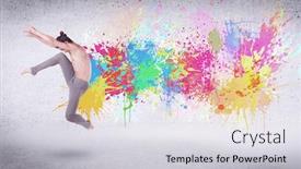  Presentation with wall paint - Slide deck featuring modern street dancer jumping with colorful paint splashes on back wall concept background and a light gray colored foreground