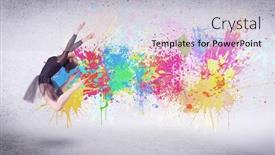  Presentation with wall paint - Audience pleasing PPT layouts consisting of modern street dancer jumping with colorful paint splashes on back wall concept backdrop and a light gray colored foreground