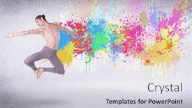  Presentation with wall paint - Amazing presentation theme having modern street dancer jumping with colorful paint splashes on back wall concept backdrop and a sky blue colored foreground