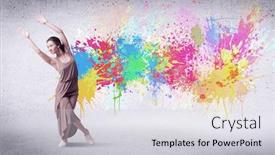  Presentation with wall paint - Presentation design having modern street dancer jumping with colorful paint splashes on back wall concept background and a light gray colored foreground
