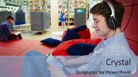  Presentation with music book - Presentation having modern student with headphones listening background and a  colored foreground