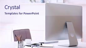  Presentation with workplace racism - PPT theme featuring modern table - workplace with computer in room background and a sky blue colored foreground