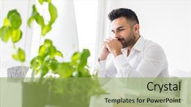  Presentation with computer - Amazing slide deck having modern table - young businessman working at office backdrop and a  colored foreground