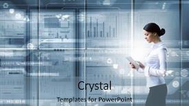  Presentation with modern elegant - Slide set with modern technology - elegant woman using tablet pc background and a light blue colored foreground