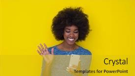  Presentation with mobile technology - Beautiful theme featuring modern technology - young happy african american woman backdrop and a gold colored foreground