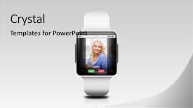  Presentation with black technology - Colorful presentation design enhanced with modern technology communication object and media concept - close up of black smart watch with incoming call on screen over gray background backdrop and a light gray colored foreground
