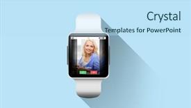  Presentation with black technology - Colorful slide deck enhanced with modern technology communication object and media concept - close up of black smart watch with incoming call on screen over blue background backdrop and a sky blue colored foreground