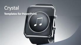  Presentation with music note - Audience pleasing slide set consisting of modern technology media object and media concept - close up of black smart watch with music note icon on screen over gray background backdrop and a gray colored foreground