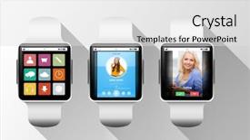  Presentation with black technology - PPT theme consisting of modern technology object and media concept - close up of black smart watches with applications on screen over gray background background and a white colored foreground