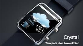  Presentation with forecast - Colorful presentation design enhanced with modern technology objectm weather and media concept - close up of black smart watch with forecast app and air temerature on screen backdrop and a dark gray colored foreground