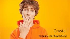  Presentation with yellow orange - Presentation theme having modern-teenage-boy-with-curly background and a gold colored foreground