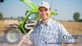  Presentation with portrait happy family smiling - Presentation theme featuring modern tractor - portrait of a smiling farmer background and a light blue colored foreground