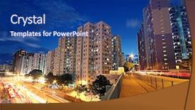  Presentation with freeway - PPT theme featuring modern urban city with freeway traffic at night hong kong background and a navy blue colored foreground