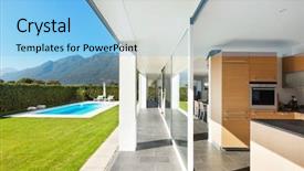  Presentation with villa - Presentation enhanced with modern villa interior beautiful kitchen background and a light blue colored foreground