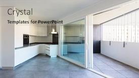  Presentation with nobody - Colorful slide set enhanced with modern white kitchen in empty apartment with white walls dark tiles nobody inside backdrop and a light gray colored foreground
