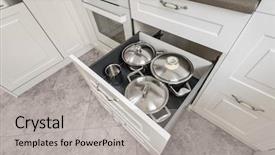  Presentation with kitchen - Cool new PPT layouts with modern white kitchen some drawers backdrop and a light gray colored foreground