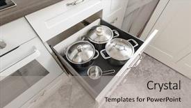 Presentation with kitchen - Beautiful slides featuring modern white kitchen some drawers backdrop and a light gray colored foreground