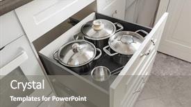  Presentation with kitchen - Colorful PPT layouts enhanced with modern white kitchen some drawers backdrop and a gray colored foreground
