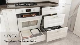  Presentation with kitchen - PPT layouts featuring modern white kitchen some drawers background and a light gray colored foreground