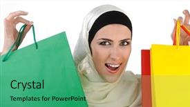  Presentation with arabic woman - Amazing PPT layouts having modern woman holding shopping backdrop and a ocean colored foreground