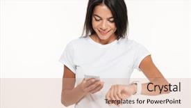  Presentation with modern - Slide set featuring modern woman synchronizing her mobile background and a coral colored foreground